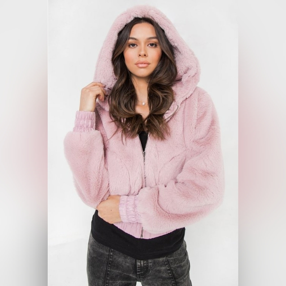 Mauve Color Faux  Hooded Bomber Jacket